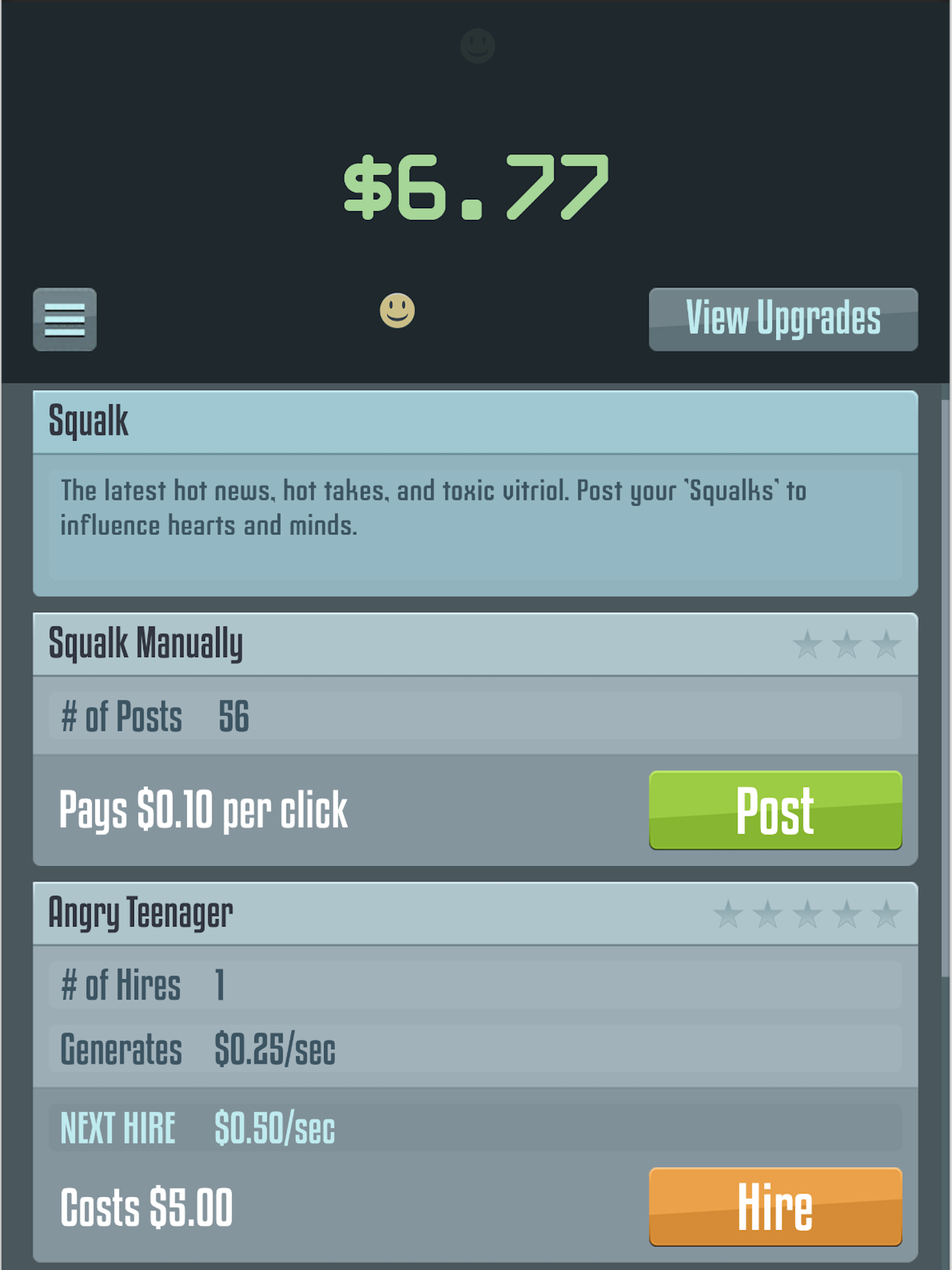 Idle clicker game that replicates the money and influence that troll farms have on society 